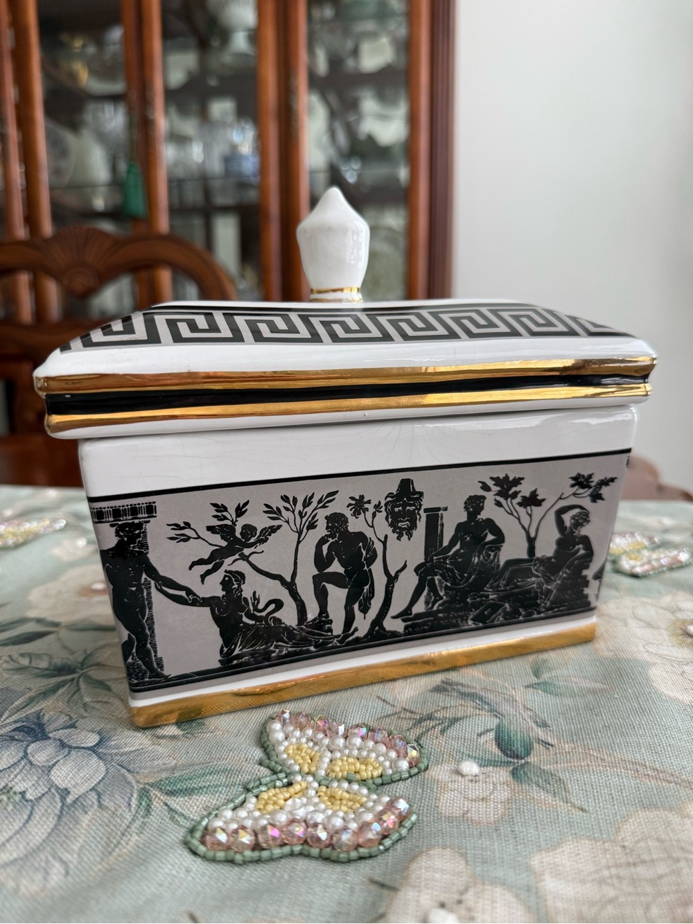 Greek-Style Ceramic Dresser Box with Gold Accents